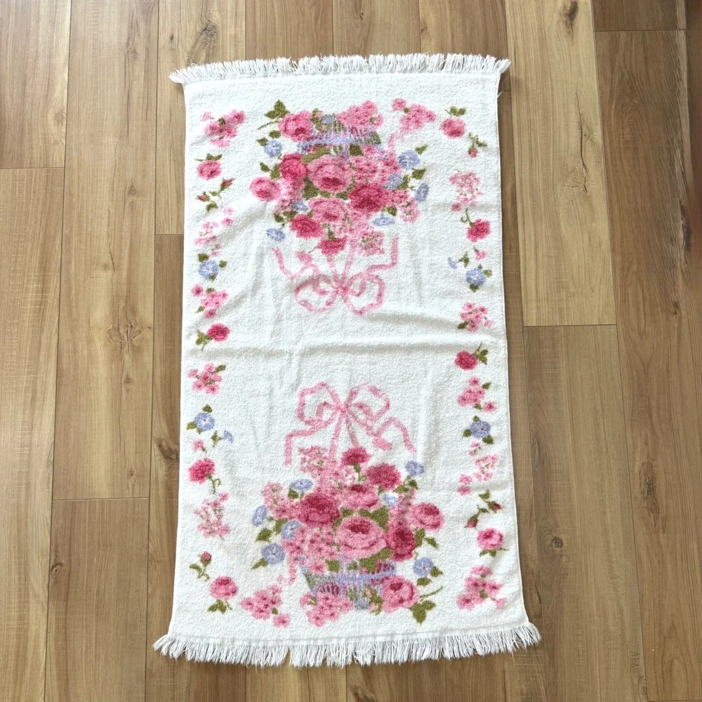 Fieldcrest Vintage Floral Basket Pink Bow Fringed Bath Towel 100 Cotton USA Made